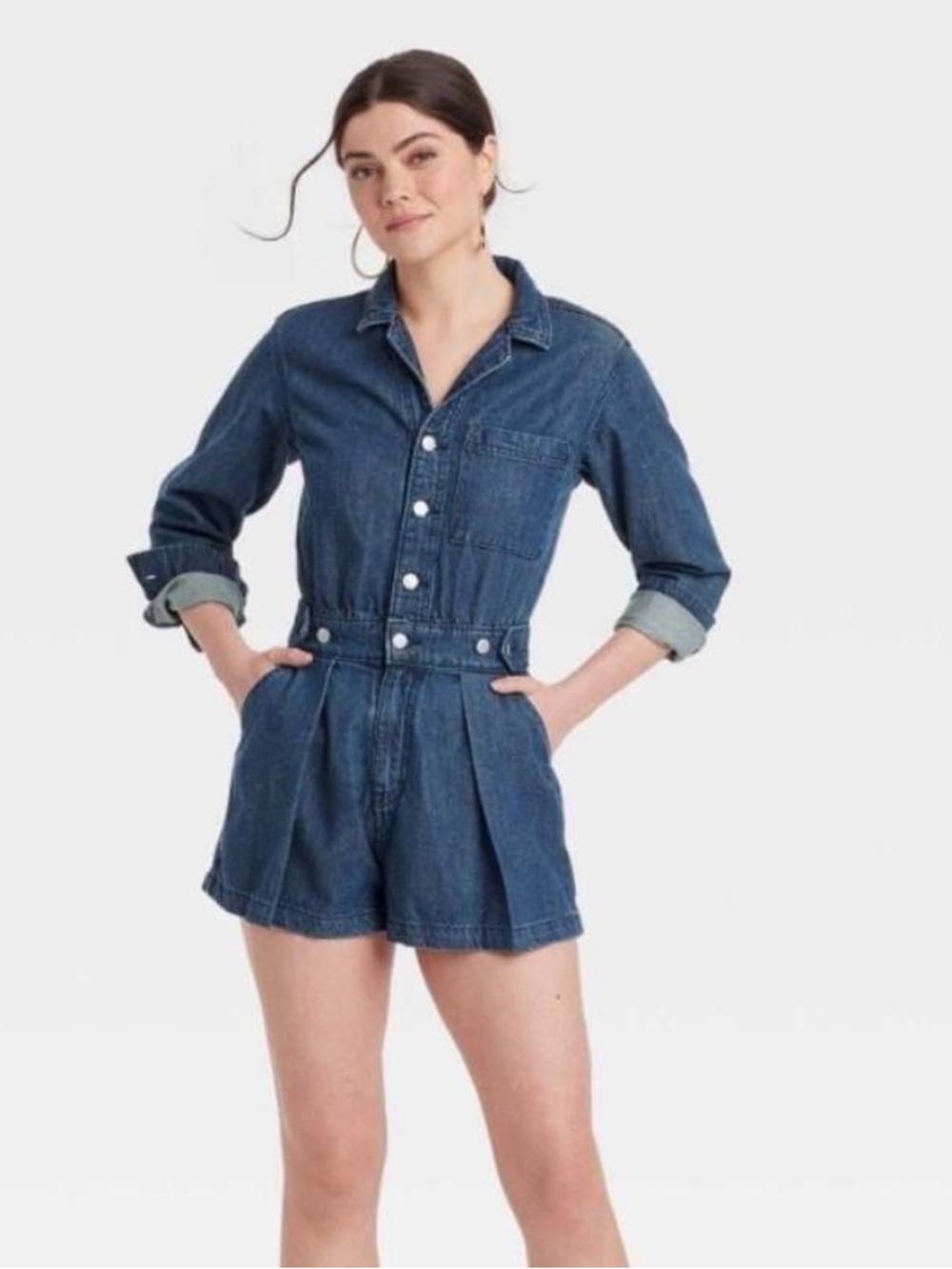Universal Thread Denim Button-Front Romper Jumpsuit in Medium Blue